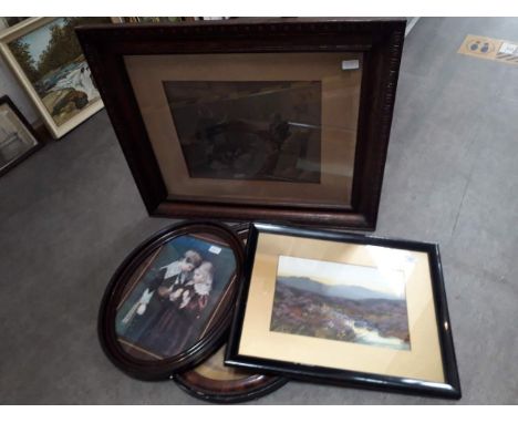 A landscape oil signed 'Carlisle' 35cm x 23cm, together with a Shakespearean print, two other framed prints and loose prints.