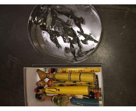 A tin of vintage furniture handles/fittings and a box of wooden dolls 
