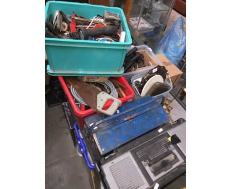 Two tool boxes and two plastic boxes of various mixed tools 