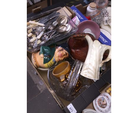 A mixed box of ceramics etc including mortar and pestle, glass basket, Royal Worcester white Fern jug etc 
