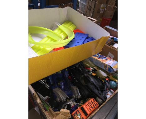 A box of toys to include Batman cars &amp; Marvel figures etc. and a box of track 