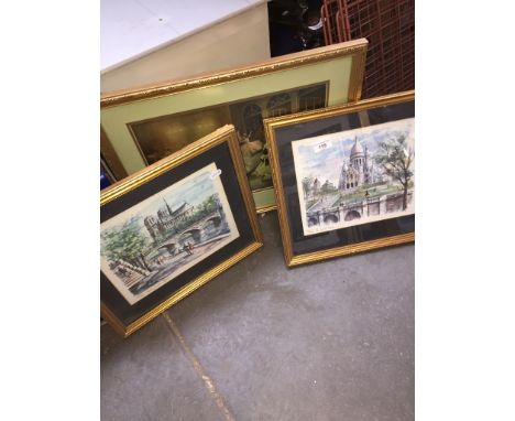 A print of dancing ladies together with two Parisian scene prints after 'Arno'. 