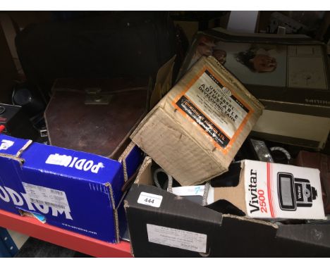 2 boxes of cameras and cine equipment to include Poleroid, Ensign and Phillips sun lamp etc. 