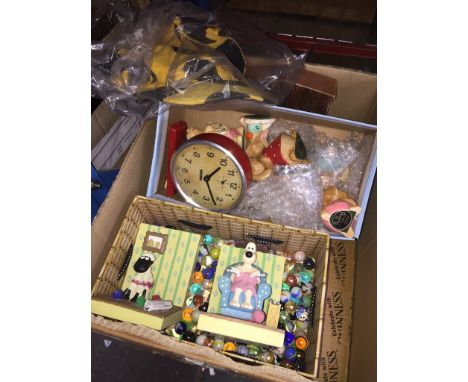 A box of misc to include Pendelfin figures, alarm clock, a small box of marbles and 2 Wallace and Gromit figures. 