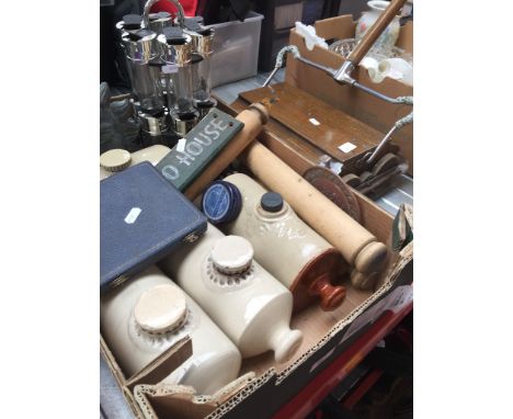 A box of misc to include pottery bed warmers, rolling pins, etc and a vintage Eubank carpet sweeper. 