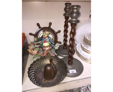 Wooden candlesticks, barometer etc. 