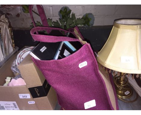 A box of various ceramics, a table lamp and a bag of bric a brac 