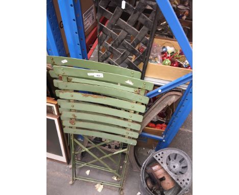 Pair of metal patio chairs, bench ends, galvanised buckets, blow torch, etc. 