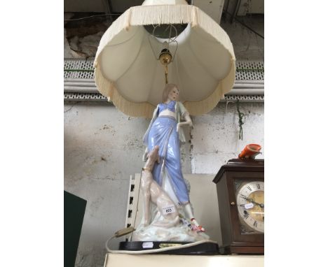 A large table lamp from the Elegant Colection in the form of a young lady with a greyhound 
