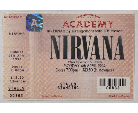 A complete and unused Nirvana ticket for the cancelled concert at Brixton Academy 4th April 1994. Excellent condition. Measur