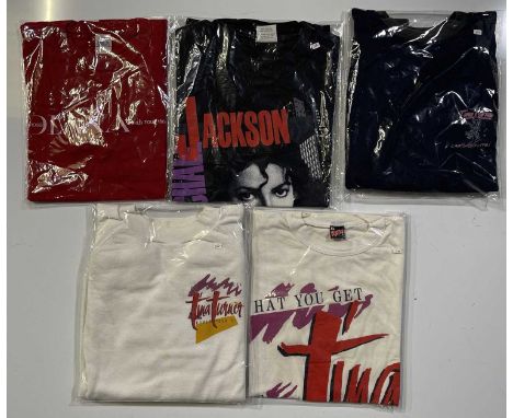 A collection of five tour t-shirts relating to pop artists to include Tina Turner clothing: 'What You Get Is What You See '87