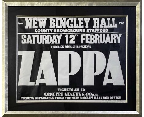 An original concert poster advertising Frank Zappa at New Bingley Hall, 12th Feb 1977. Measures approx 30 x 40". Rolled. Moun