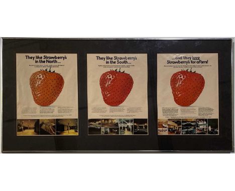A mounted and framed display to include three original Strawberry Studios, Stockport posters circa 1978-80 with each advertis