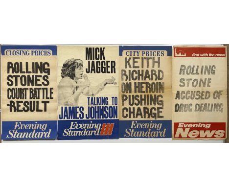 Seven c 1960s/70s newspaper billboard posters (most approx 19 x 29") to inc headlines ' ROLLING STONES COURT BATTLE - RESULT'