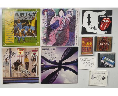 Collection of signed ephemera inc record sleeves, CDs, ticket stubs, reproduction images. Signatures to inc: Pete Brown (Crea