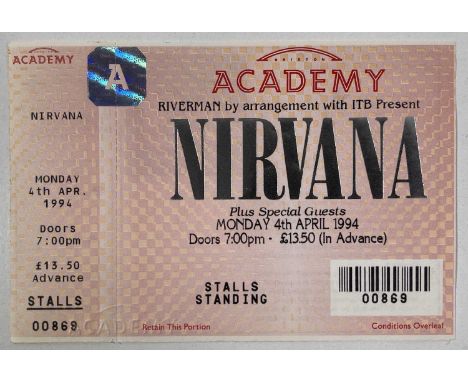 A complete and unused Nirvana ticket for the cancelled concert at Brixton Academy 4th April 1994. Excellent condition. Measur