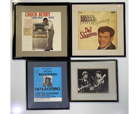 Four framed displays with autographs to inc: Chuck Berry (inc ticket), Fats Domino, Del Shannon, Everly Brothers.