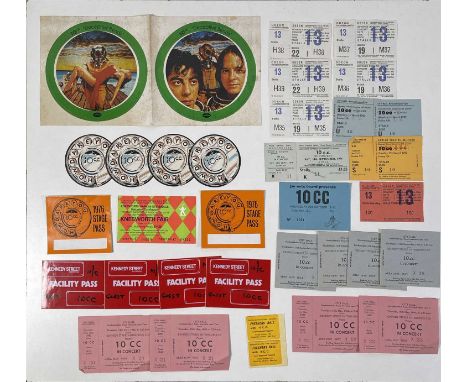22 assorted 10cc tickets/stubs c 1970s/80s. To include untorn and very clean Knebworth Fair 1976 ticket, Salford University 1