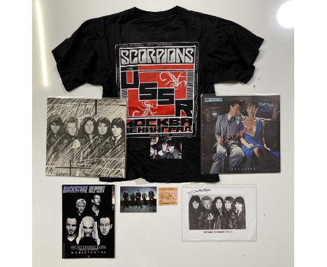Scorpions and related memorabilia to inc: 'Lovedrive' LP signed by Herman Rarebell and Francis Buchholz, a Scorpions t-shirt 