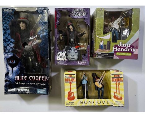 Four boxed collectable figurines: Jimi Hendrix McFarlane 2003., Bon Jovi McFarlane 2007, Alice Cooper 2001 Art Asylum, Alice 
