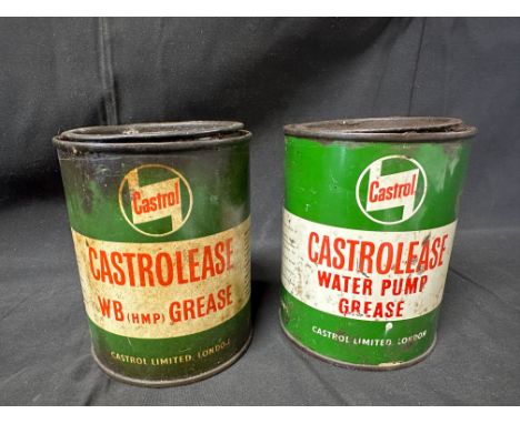 Two Castrol Castrolease one pound grease tins: water pump grease and WB (HMP) grease. 