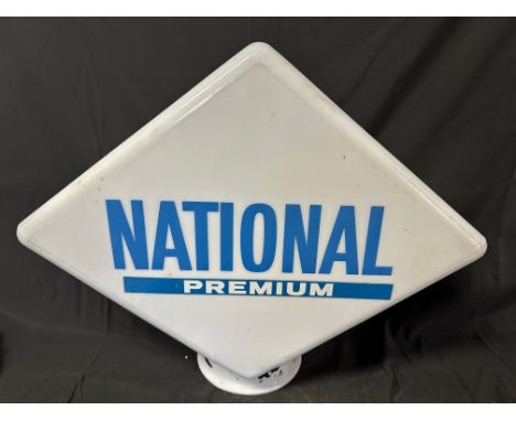 A National Premium lozenge-shaped glass petrol pump globe, 'Premium' on tape, stamped property of The National Benzole Co. Lt
