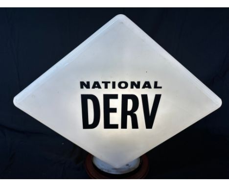A National Derv lozenge-shaped glass petrol pump globe, numbered 460 to neck and stamped property of The National Benzole Co.