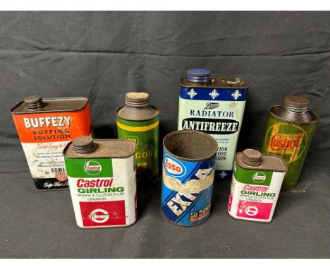 Seven motor tins inc. Wakefield Castrol, BP Energol, Esso, Boots Radiator Anti-Freeze ect.
