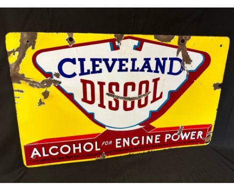 A Cleveland Discol Alcohol for Engine Power pictorial hanging enamel advertising sign depicting a lozenge shaped petrol pump 
