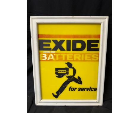 An Exide Batteries pictorial plastic sign mounted in contemporary frame with light box back. 16 3/4" x 21. 4 1/2" depth.