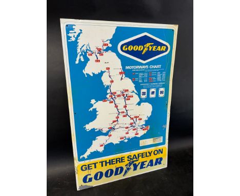 An early 1970s Goodyear tyres Motorways Chart giving approx mileage between centres using motorways and main roads, aluminium