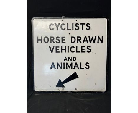 A 'Cyclists Horse Drawn Vehicles and Animals' cast aluminium directional arrow road sign, 24 1/4 x 24 1/4".