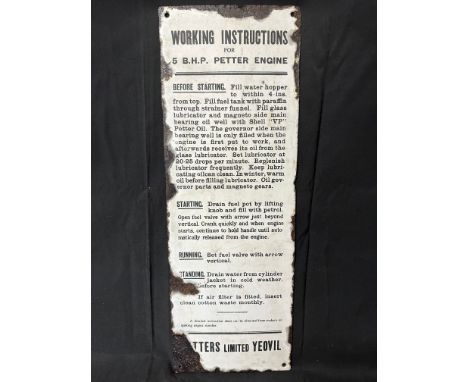 A Petters Limited of Yeovil enamel advertising sign with working instructions for the 5 B.H.P. Petter Engine, 7 x 20".