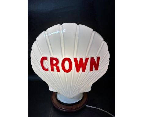 A rare Crown glass petrol pump globe by Hailware, glasss shards from neck taped to inside in preparation for a repair.