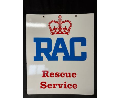 An RAC Rescue Service double sided hanging enamel advertising sign, 24 3/4 x 20 1/2".