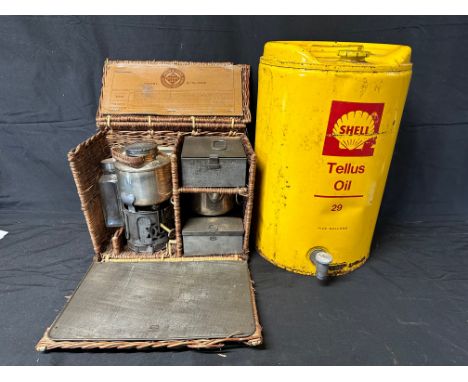 A Shell Tellus Oil five gallon drum and a Drew &amp; Sons of Picadilly Circus picnic hamper. 