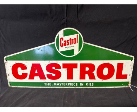 A Castrol Motor Oil double sided aluminium pediment display rack sign, 18 3/4 x 9".