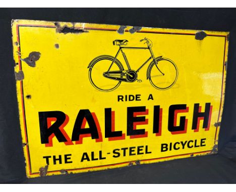 A Raleigh - The All-Steel Bicycle enamel advertising sign with bicycle illustration, 36 x 24".