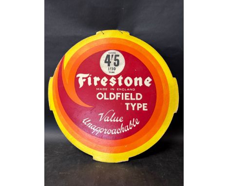 A Firestone Oldfield Type advertising tyre insert with hanging loop, 25 x 25 1/4".