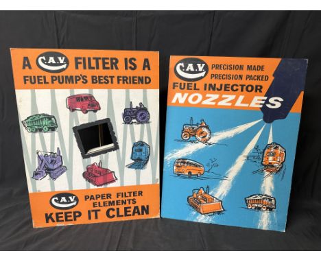 A pair of C.A.V. pictorial easel backed cardboard advertisements for CAV paper filters and fuel injector nozzles, both 15 x 2