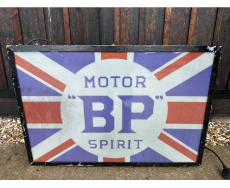 A contemporary double sided hanging garage lightbox sign advertising "BP" Motor Spirit, held in good original box frame, 36 1