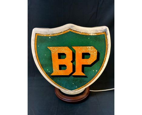A BP shield-shaped glass petrol pump globe by Hailware, faded, design no. stamped to inner neck, a crack and chip to neck, se