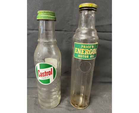 A Price's Energol Motor Oil bottle and a Castrol Motor Oil bottle, both with original caps.