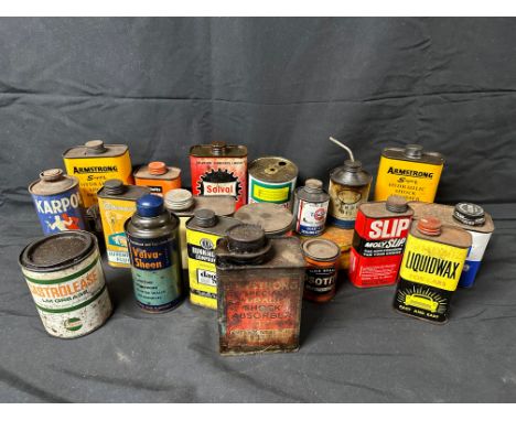 A selection of oil tins including an early Armstrong Special Hydraulic Shock Absorber Oil, Castrolease, Karpol, Esso Handy Oi