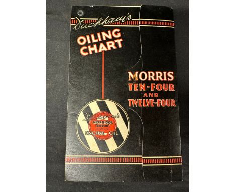 A Duckham's Morrisol Sirrom Engine Oil Oiling Chart for the Morris Ten-Four and Twelve-Four, a rare survival hinged to top le