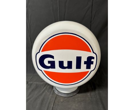 A glass petrol pump globe by Hailware with Gulf branded decal, rubber ring securely in place so no access to rim but seems in
