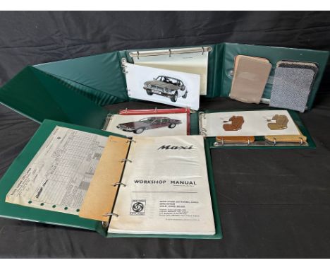 Two Jaguar Cars colour and upholstery books and a Maxi Workshop Manual with purchase receipt from 1976. 
