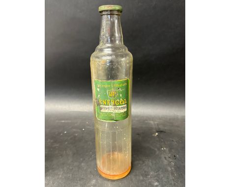 A BP Energol quart motor oil glass bottle with viscostatic label. 