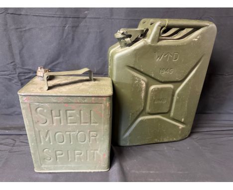 A Shell Motor Spirit two gallon can with BP cap and a 1945 petrol jerry can. 