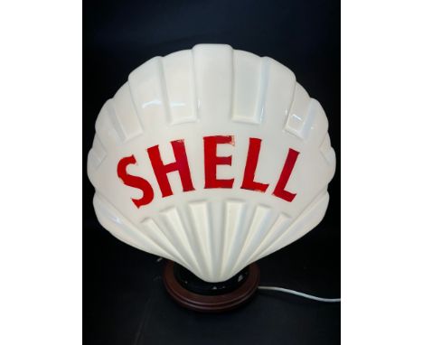 A fat Shell glass petrol pump globe by Hailware, stamped Property of Shell-Mex &amp; B.P Ltd Returnable on Demand to inside a